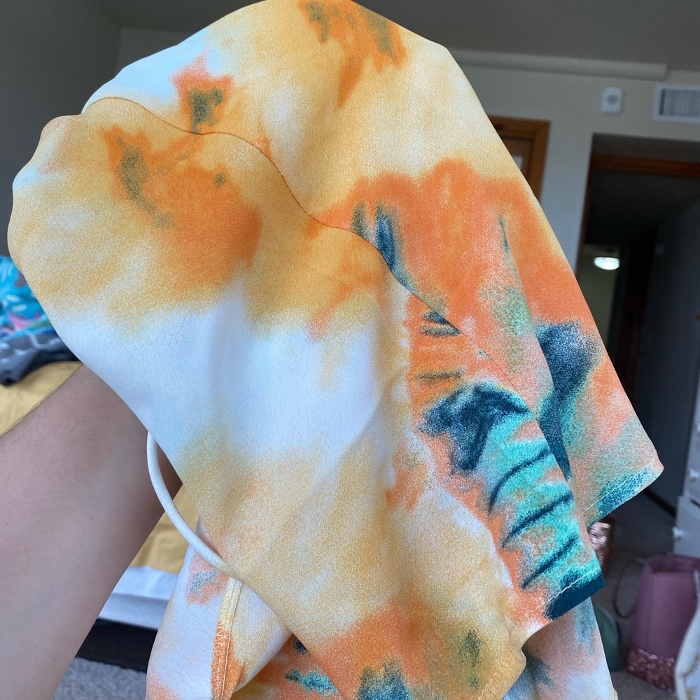 . Selfie Leslie Yellow/Orange Multicolor Tie Dye Thin Cowl Neck Mini Dress - Picture 9 of 15